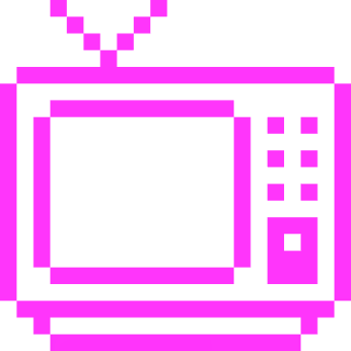 Pixel art of a vintage television set with antenna and buttons on the side in magenta color.