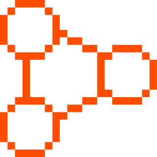 Orange pixelated diagram with three circles connected by branches in a triangular layout on black background.